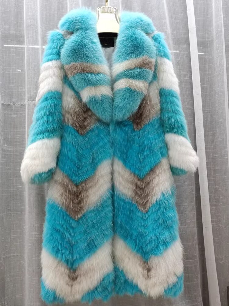 Thin Striped Color Pattern Real Fox Fur Coats  X-Long