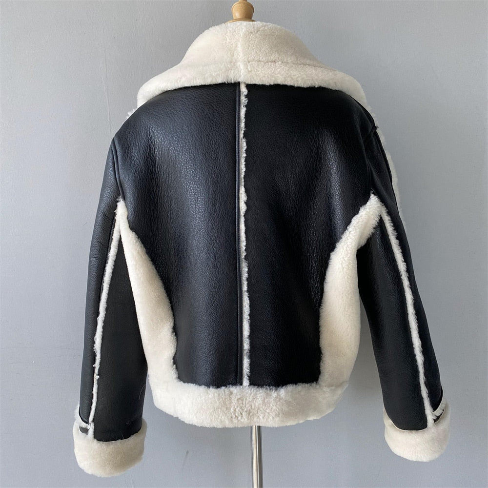 Genuine Leather Shearling Double Face Fur Coat