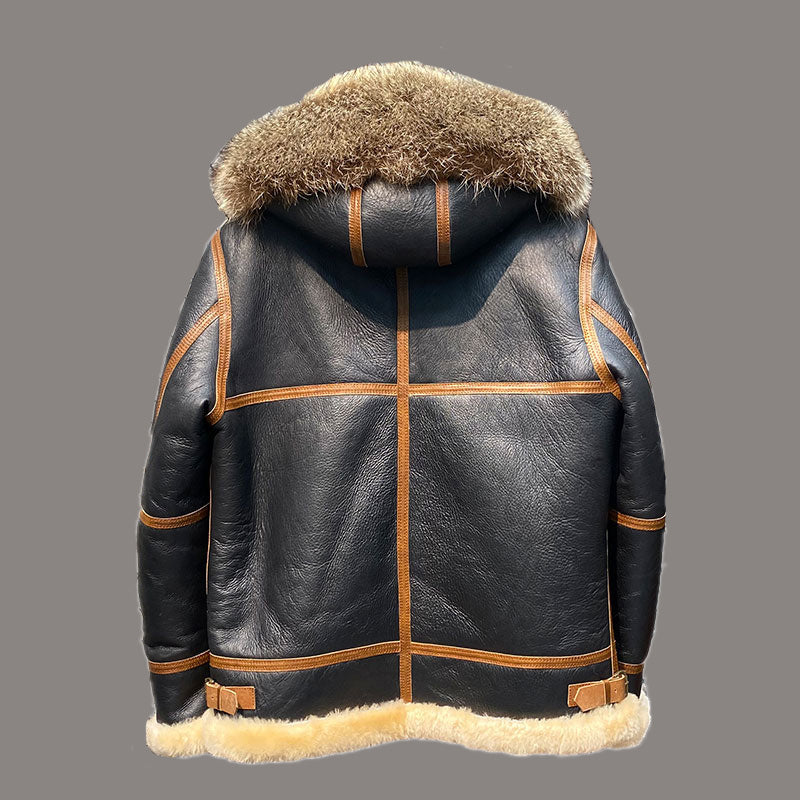 Genuine Leather Shearling Fur Hooded Flight Coats