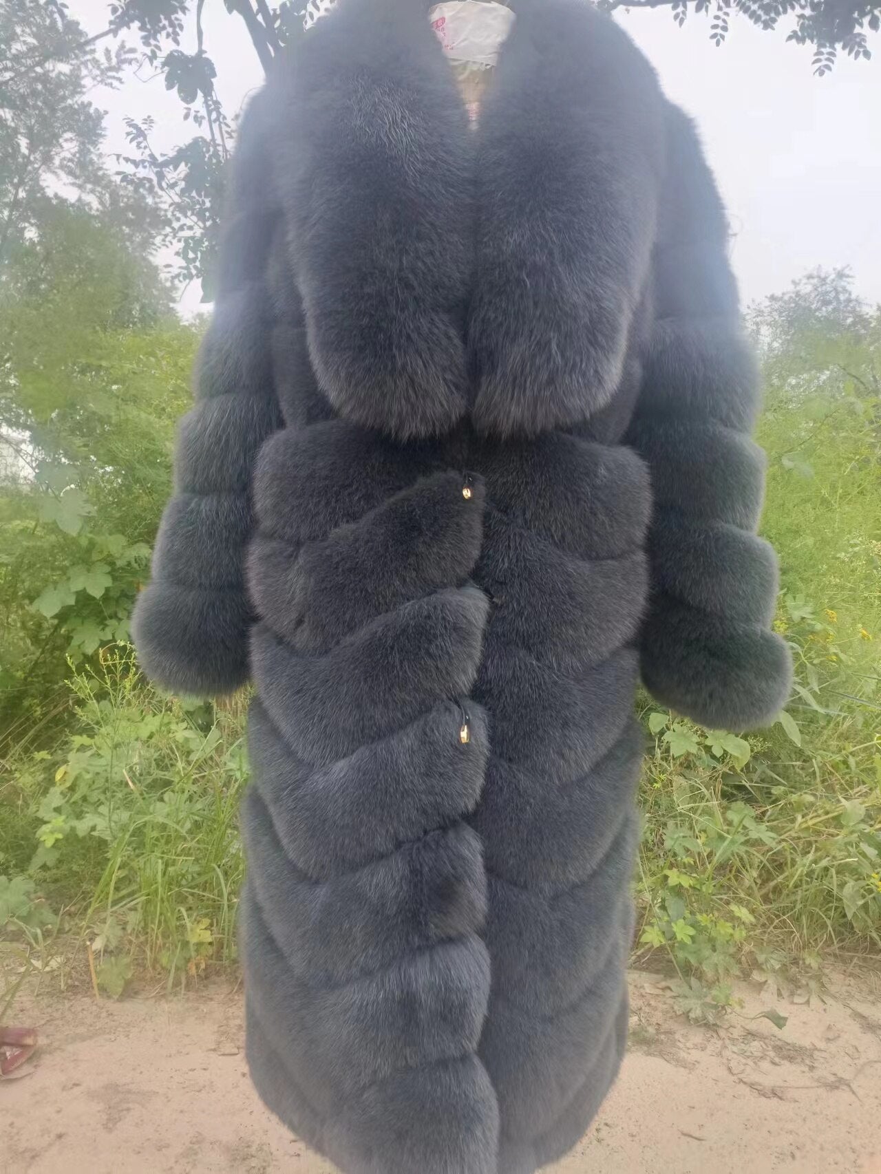 Striped Pattern Real Fox Fur Long Coats