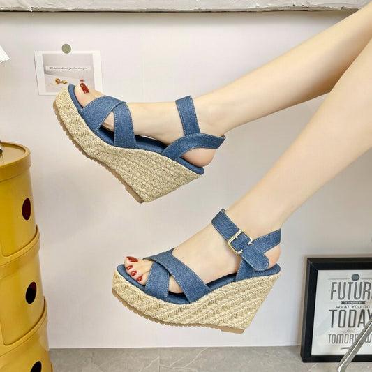 Denim High Wedge Sandals