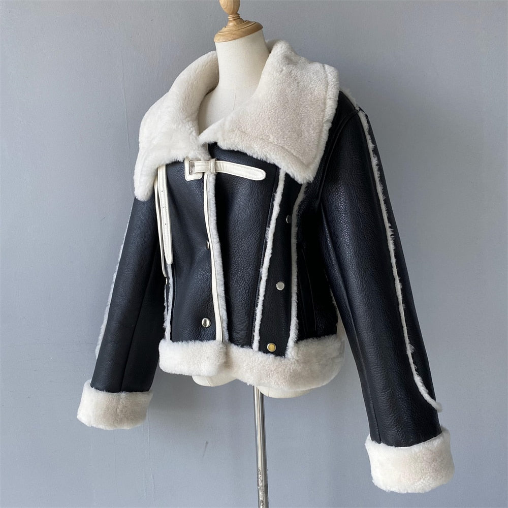 Genuine Leather Shearling Double Face Fur Coat