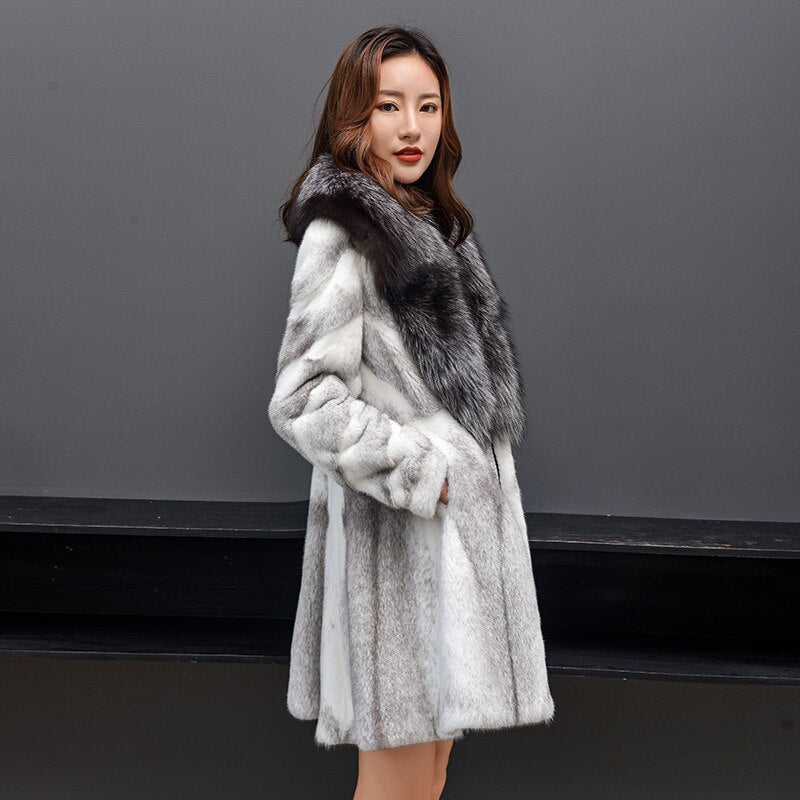 Real Mink Fur Coat Fox Fur Collar Mid-length