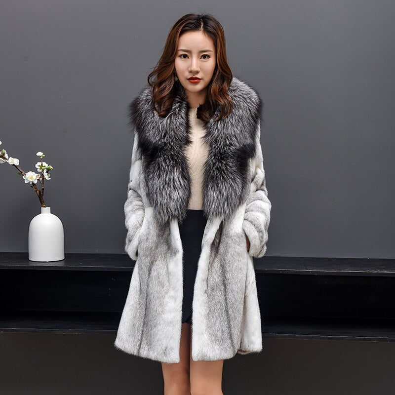 Real Mink Fur Coat Fox Fur Collar Mid-length