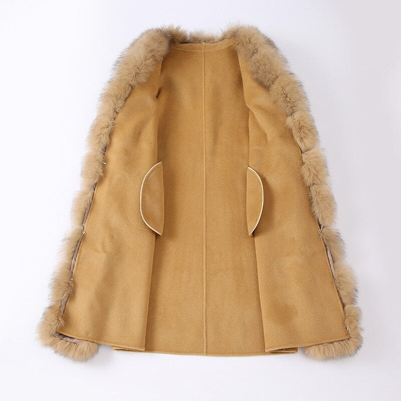 Cashmere Trench Coat Detachable Real Fur Long Collar