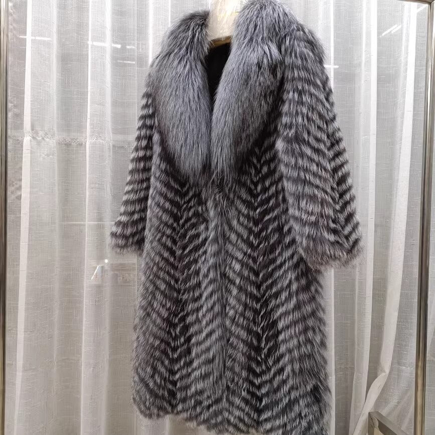 Thin Striped Color Pattern Real Fox Fur Coats  X-Long