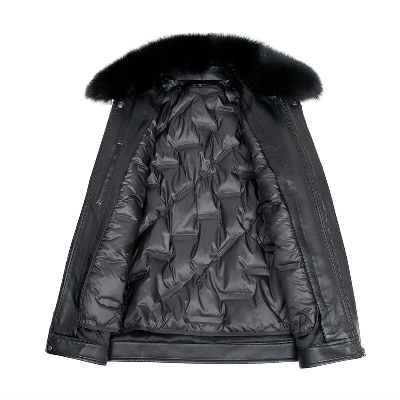 Genuine Leather Duck Down Coat Big Real Fur Collar