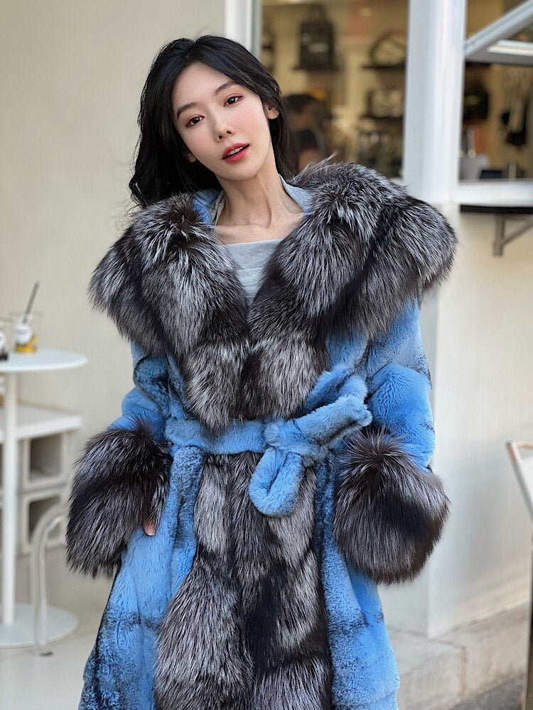 Luxury Real Rabbit Fur X-Long Coats Real Fur Lapel Collar