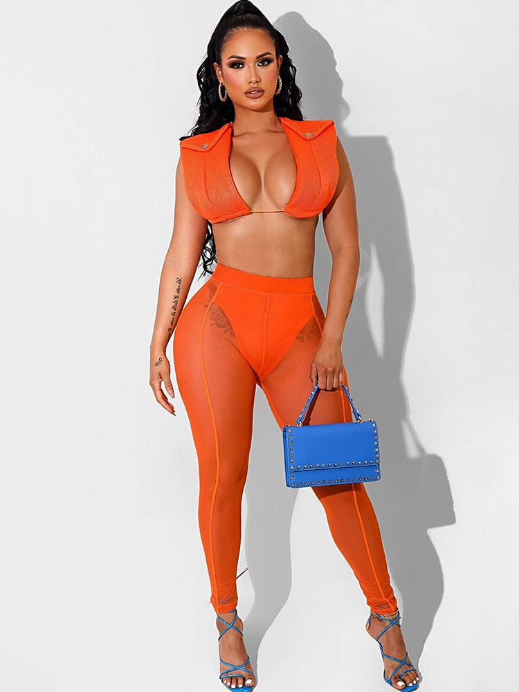 Mesh Sleeveless Crop Top High Waist Pants Sets