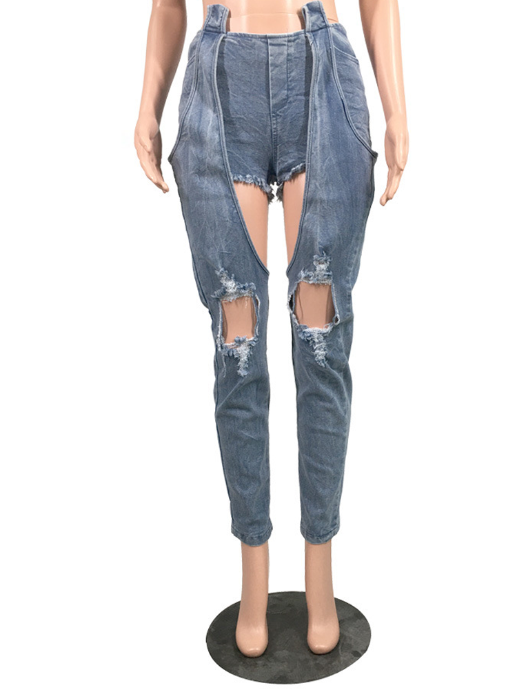 High Waist Hollow Out Spliced Ripped Jeans