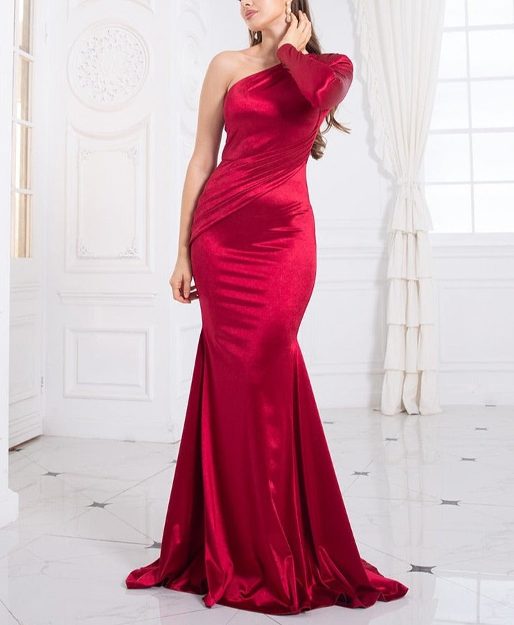 Satin One Shoulder Full Sleeve Mermaid Gown