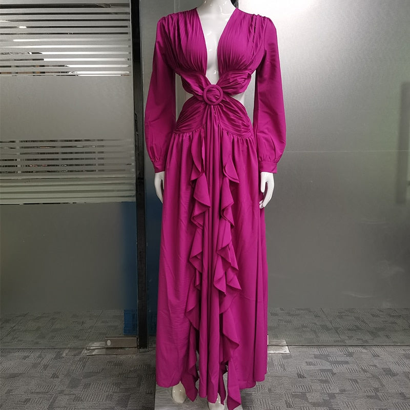 Hollow Pleated Ruffled Long Sleeve Maxi Dresses