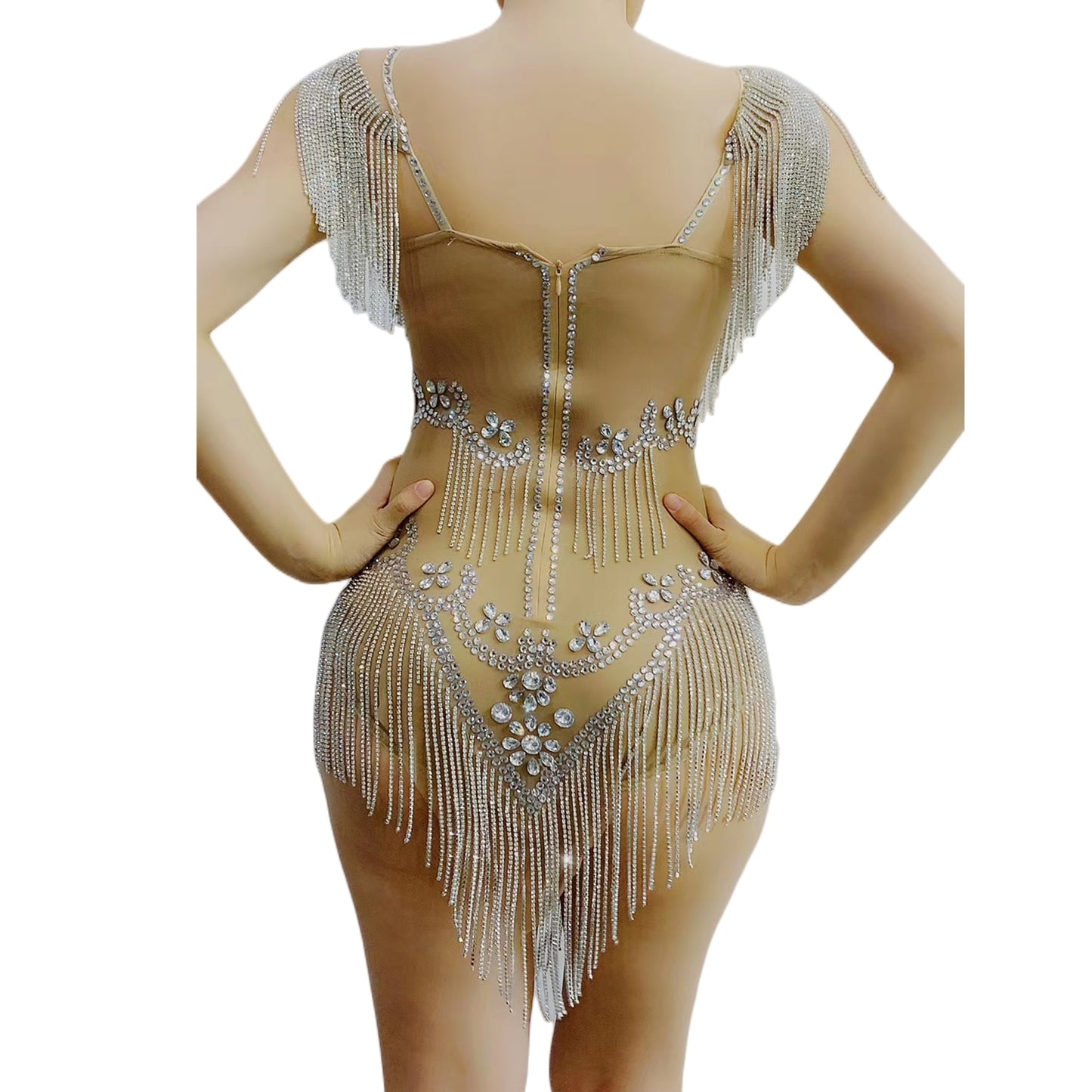 Rhinestones Fringes Mesh Bodysuit Crystal Chains