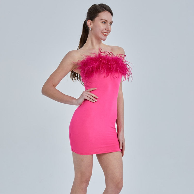 Ostrich Feather Chest Tube Mini Dresses