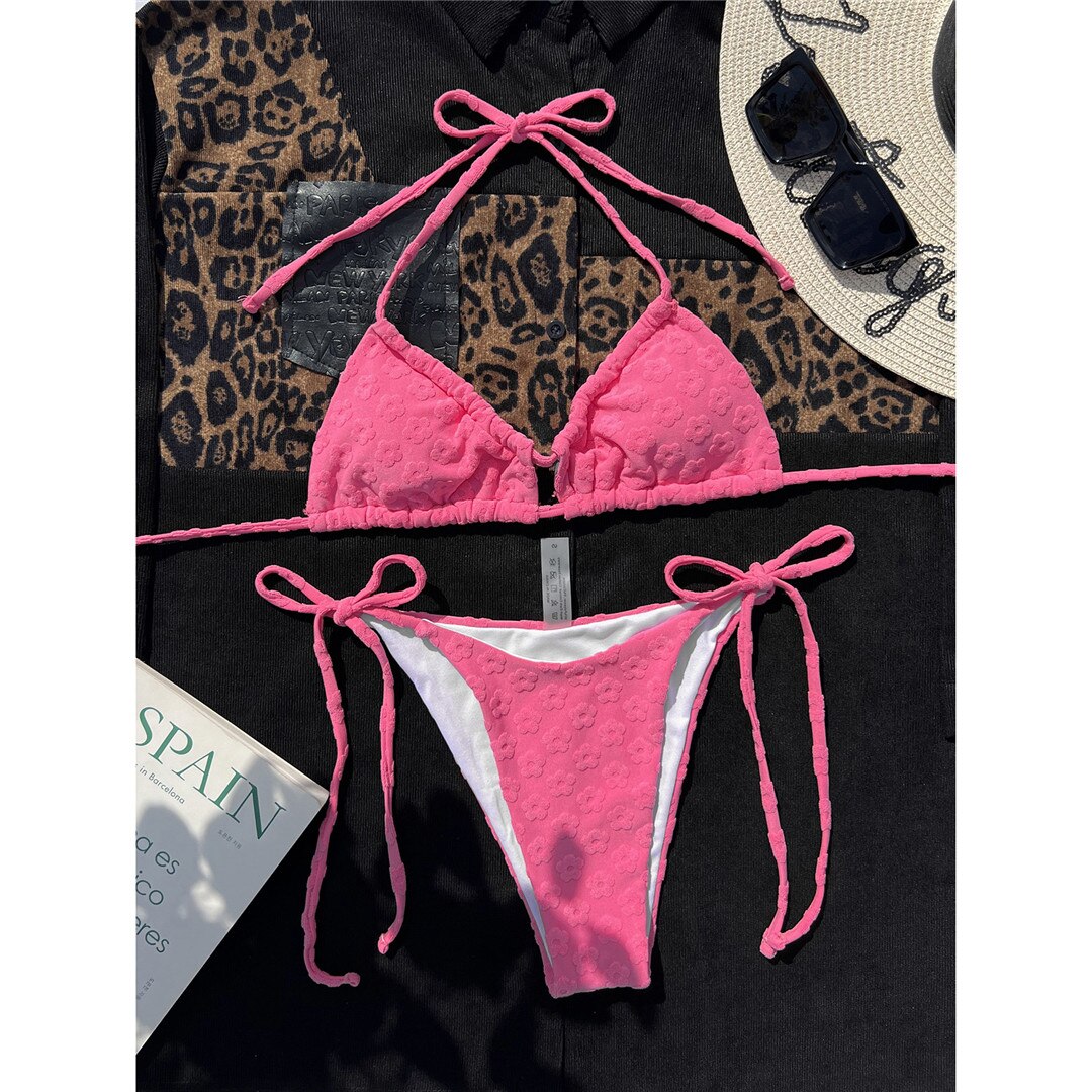 Pink Flower Halter Padded Bikini Set