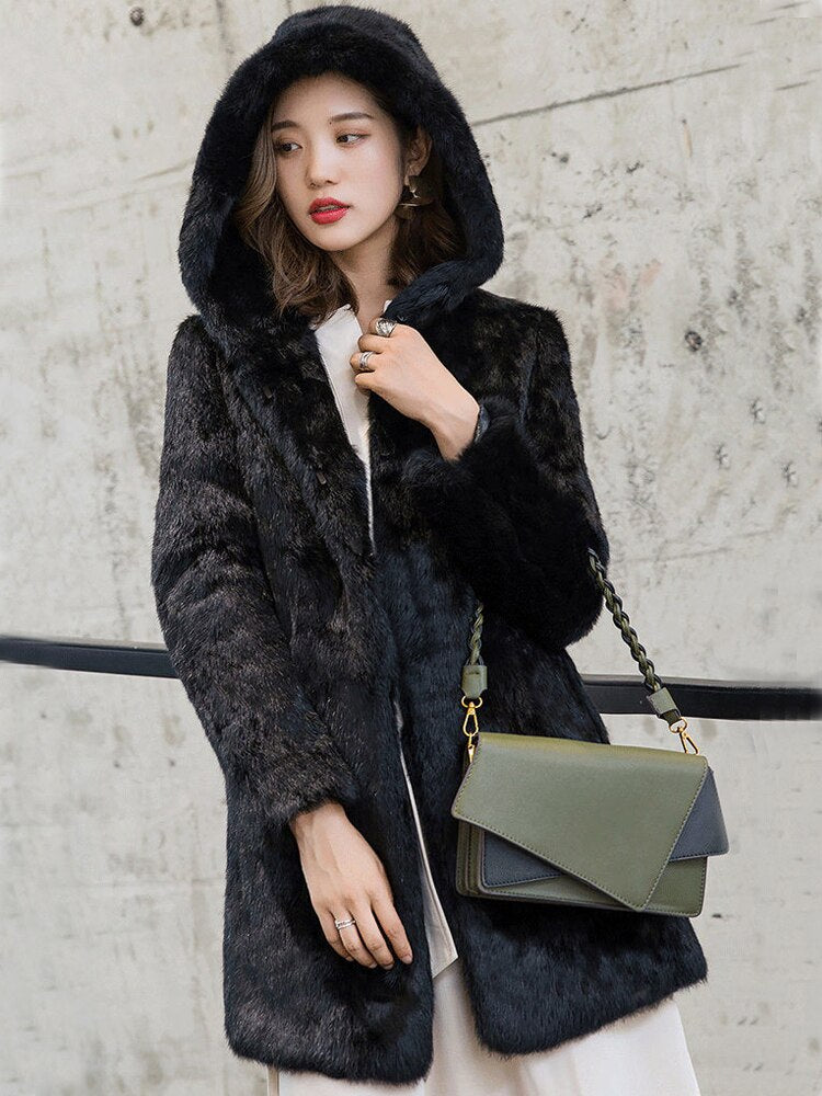 Mixed Color Blend Real Fur Hooded Coats