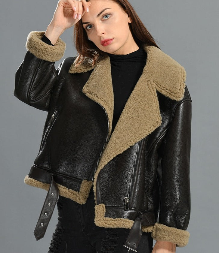 Genuine Leather Coat Shearling Fur Short Retro