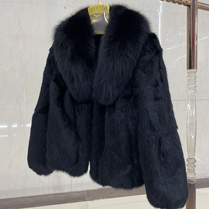 Full Pelt Rabbit Fur Coat Real Fox Fur Collar