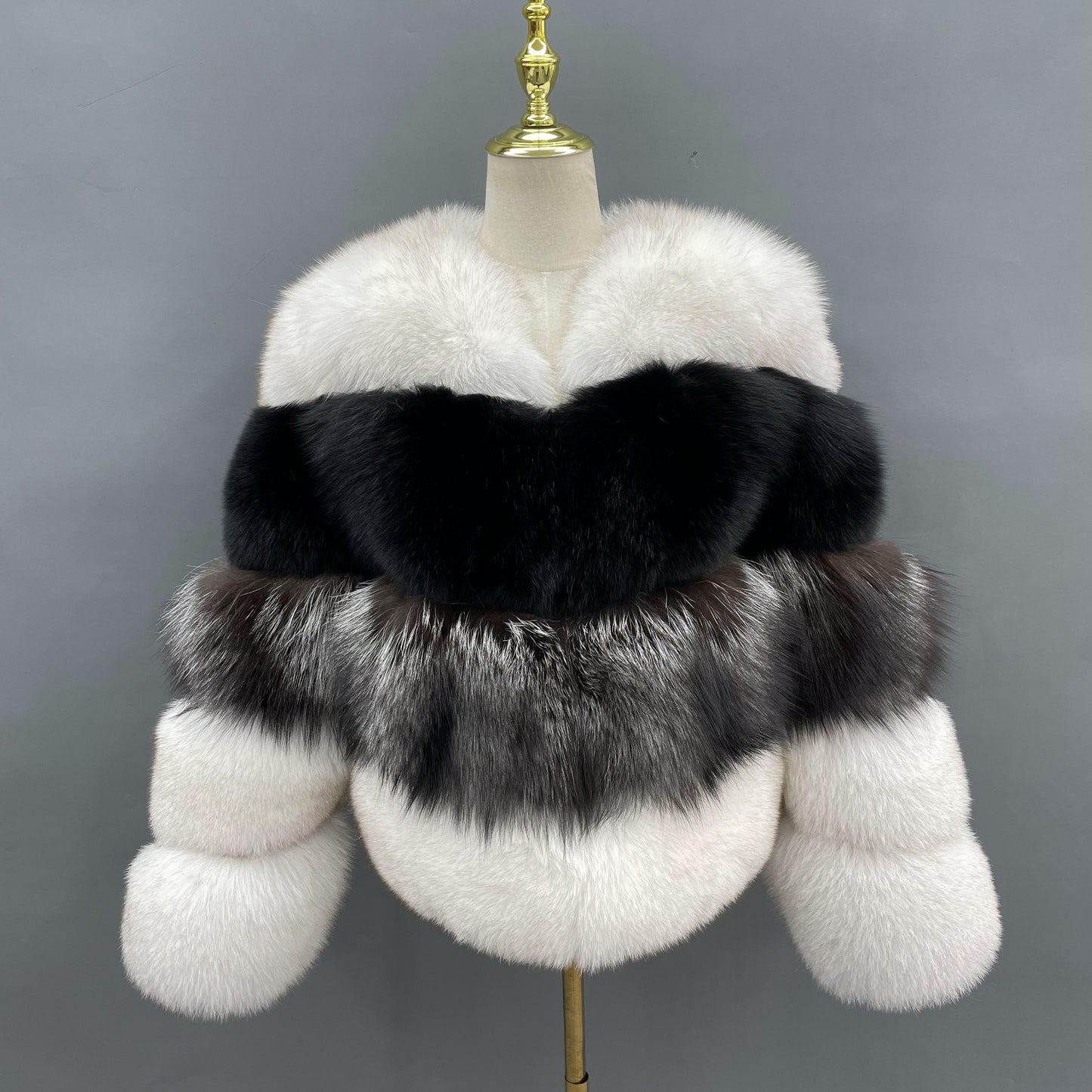 Tri Color Real Fox Fur Coats No Collar