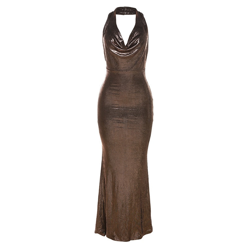 Metallic Drape Chest Backless Maxi Dress