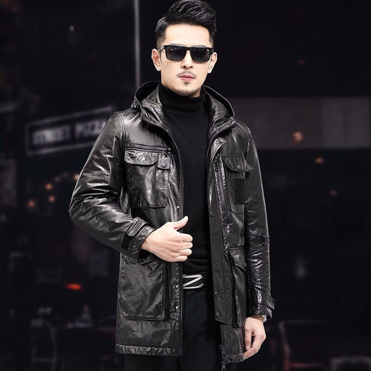 Duck Down Genuine Leather Coats Hooded Cargo Style