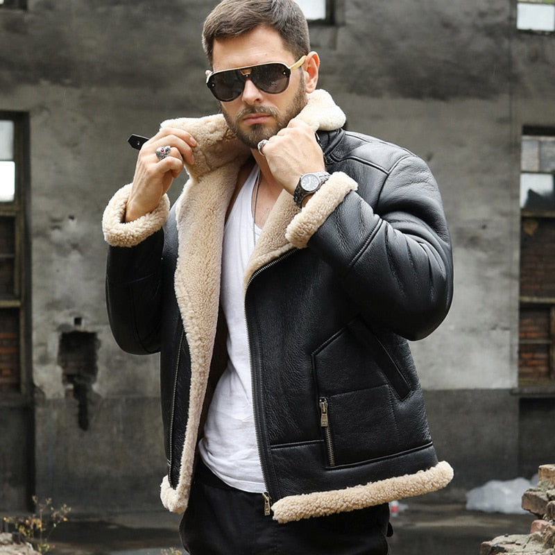 Genuine Leather Coat Real Shearling Fur B3 Bomber