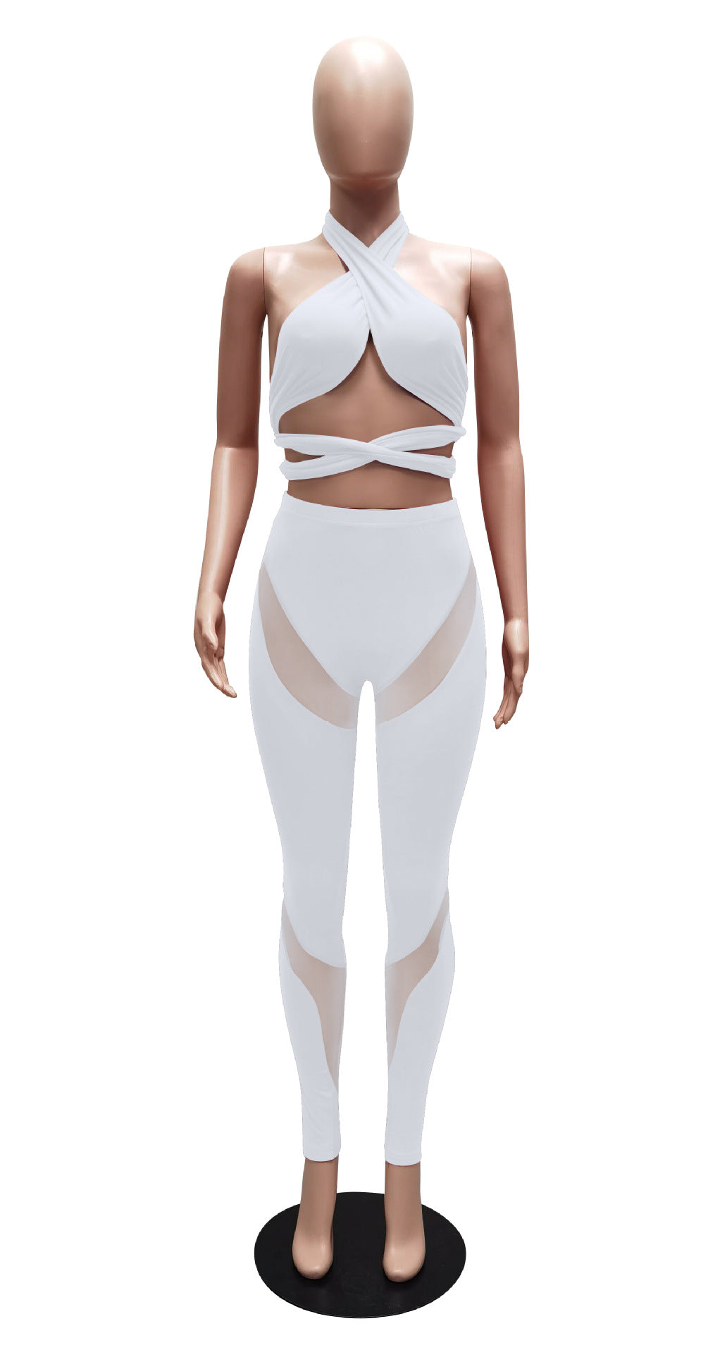 Bandage Crop Mesh Spliced Pants Sets