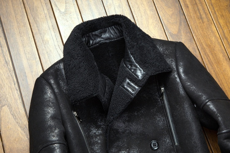 Genuine Leather Double Breasted Real Fur Lining Mid Length Coat