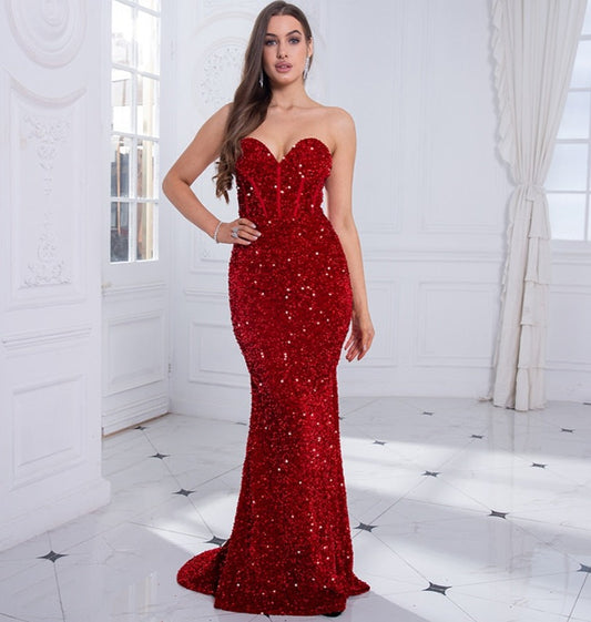 Red Sequin Sleeveless Maxi Mermaid Evening Dresses