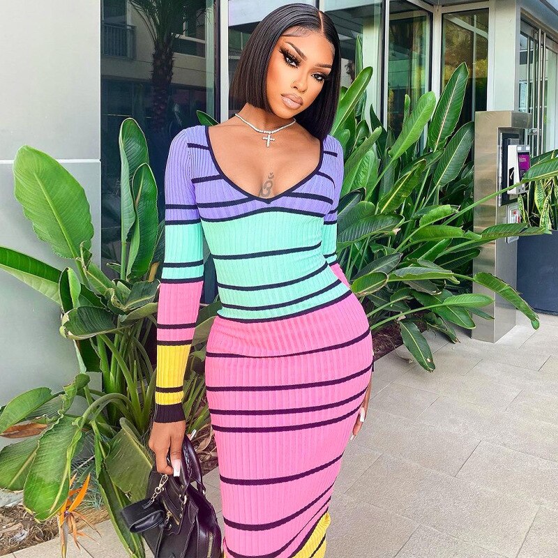 Colorful Stripe Backless Long Sleeve Maxi Dresses