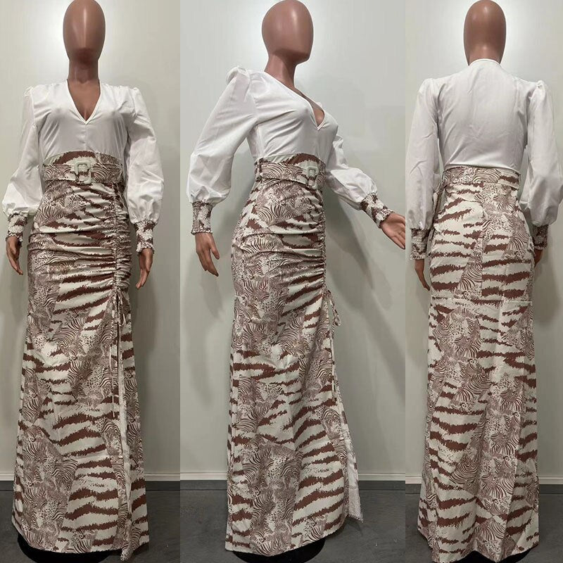 Zebra Deep V Loose Sleeve Maxi Dresses