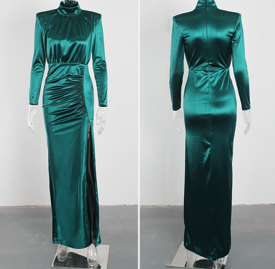 Green High Neck Sleeved Slit Side Evening Maxi Dress