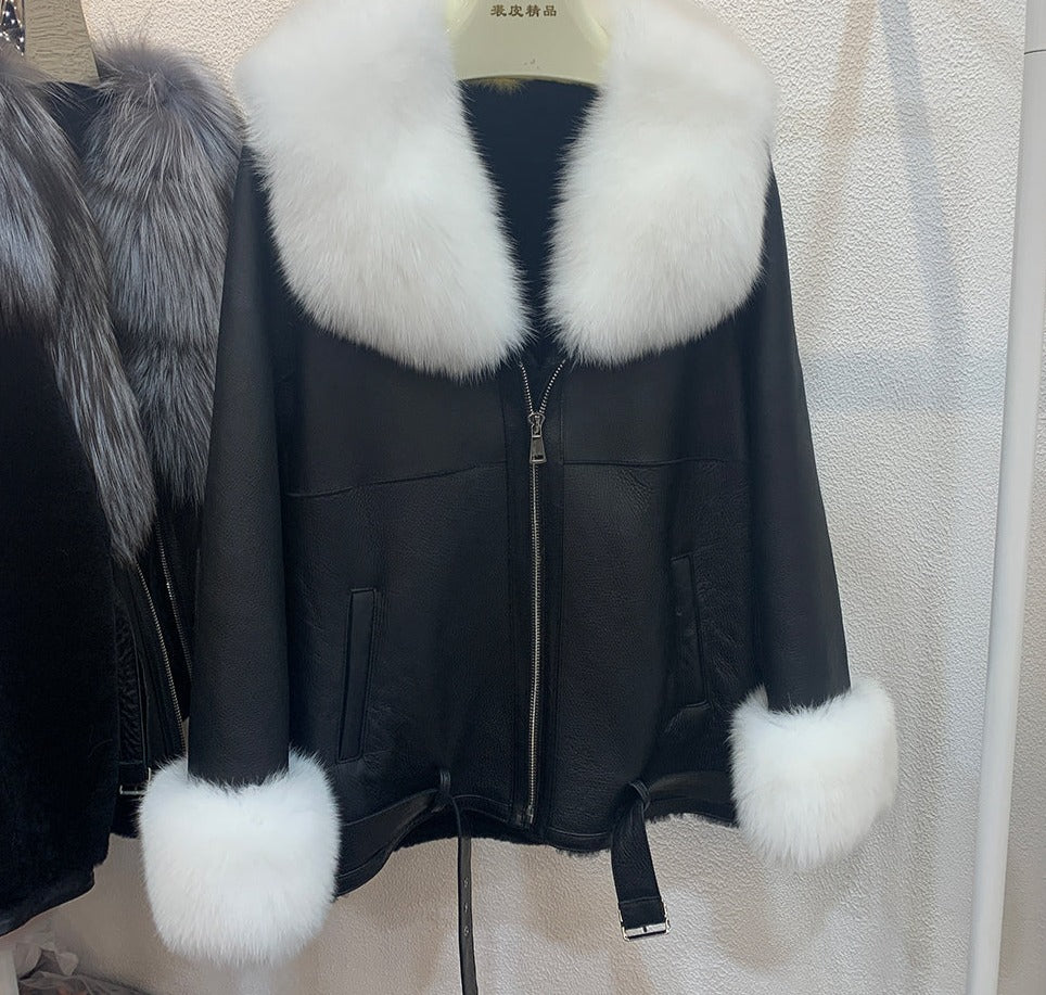 Genuine Leather Coats Real Shearling Fur Collar & Cuffs