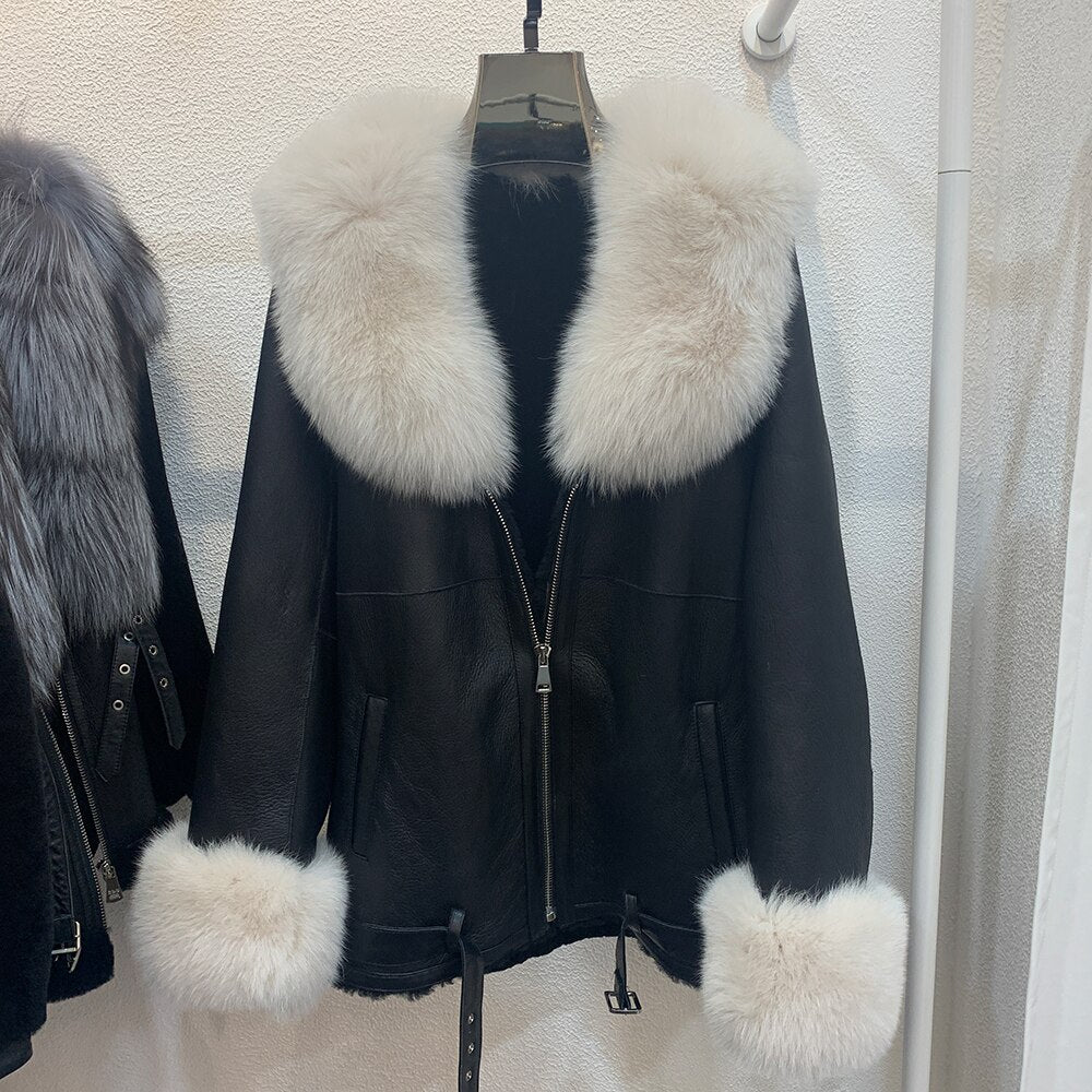 Genuine Leather Coats Real Shearling Fur Collar & Cuffs