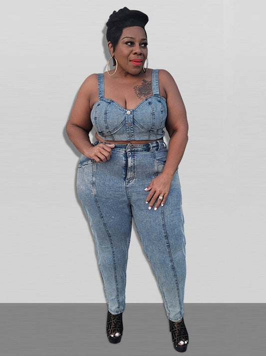 Denim Crop Top & Pants Sets Plus Size
