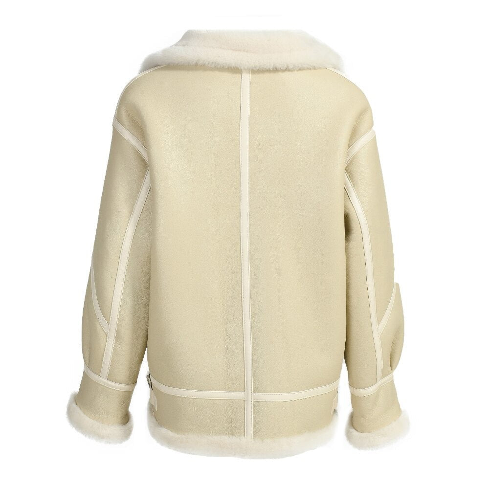 Cream Genuine Leather Coat Shearling Liner Oversized