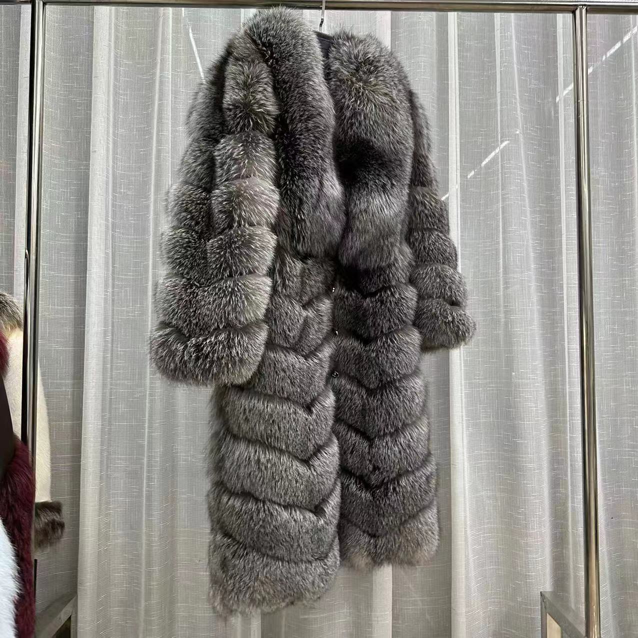 Striped Pattern Real Fox Fur Long Coats