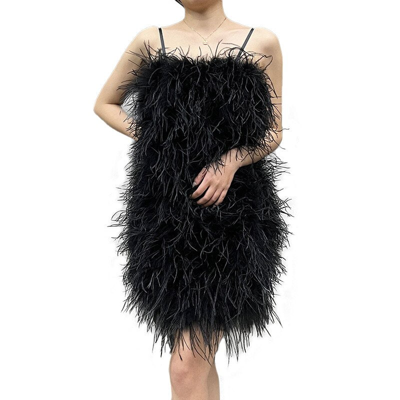 Ostrich Feather Mini Dresses With Shoulder Strap