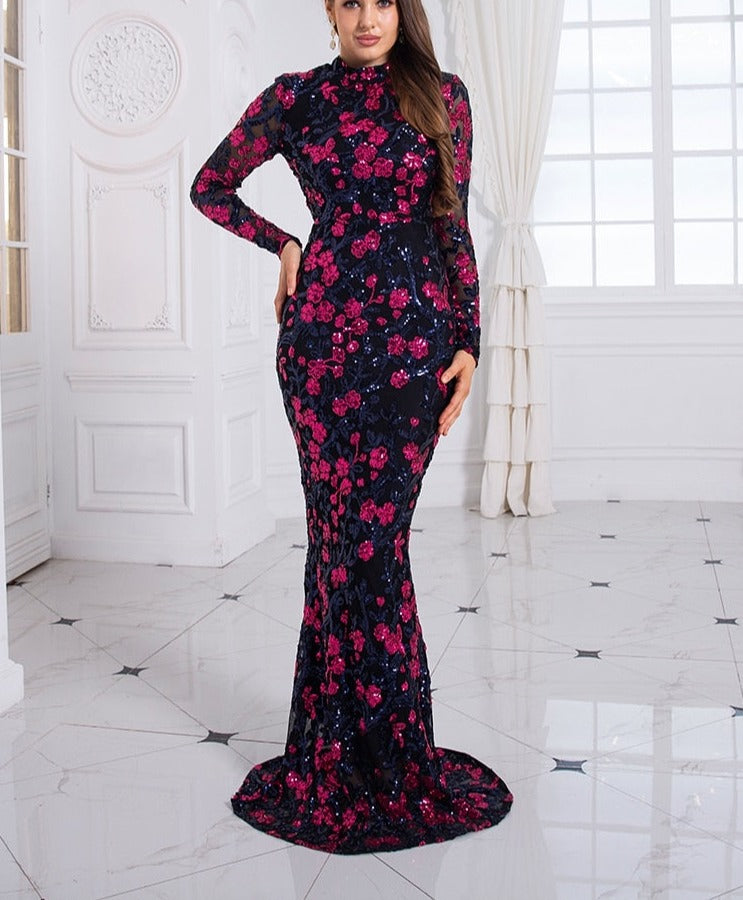 Sequin Flowers Sleeved Mermaid Maxi Dress