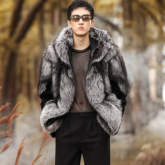 Real Fox Fur Hooded Coats Black Real Mink Fur Sleeves