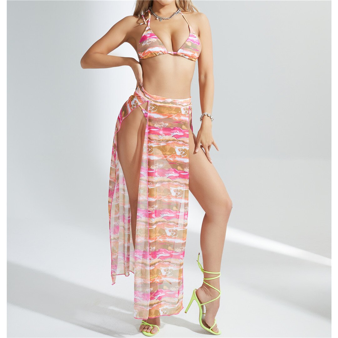 Print Halter Bikini Set & Long Skirt