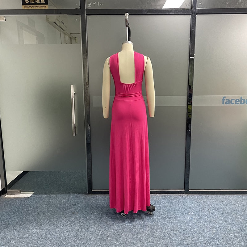 Pink Halter Sleeveless High Slit Maxi Dress