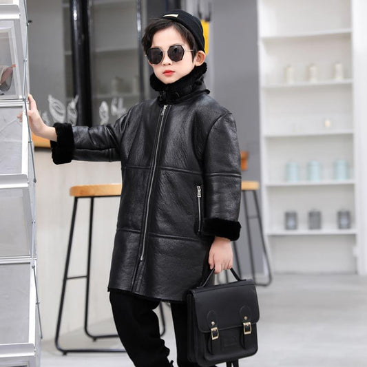 Genuine Leather Long Coats Lambs Wool Liner Boys Girls