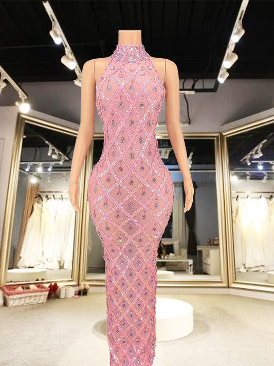 Pink Rhinestones Full Wrap Halter Sleeveless Dress