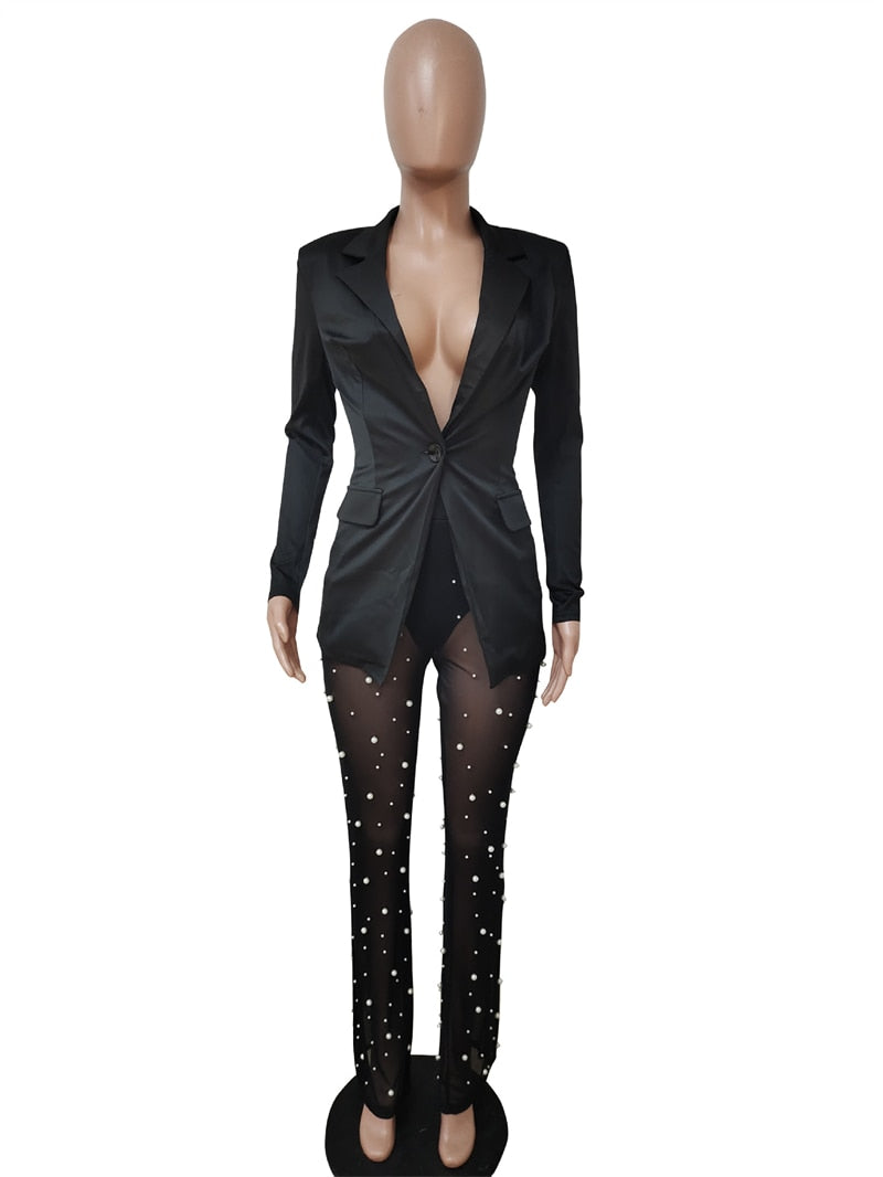 Deep V Blazer & Mesh Pearls Pants Sets