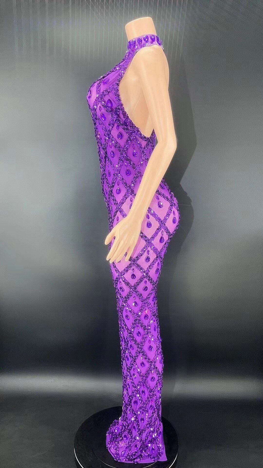 Purple Rhinestones Full Wrap Halter Sleeveless Dress