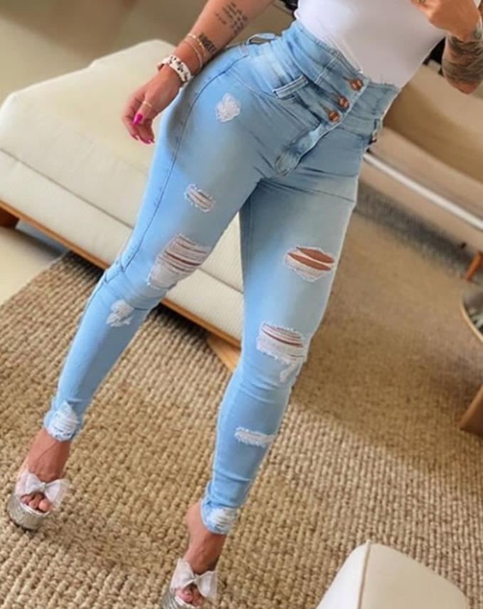 High Waist Cutout Ripped Skinny Jeans