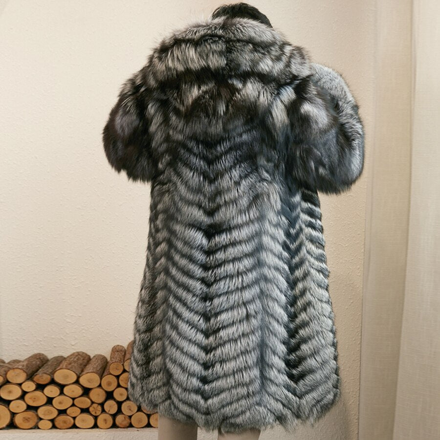 Dark Silver Splicing Pattern Real Fur Long Hooded Coat