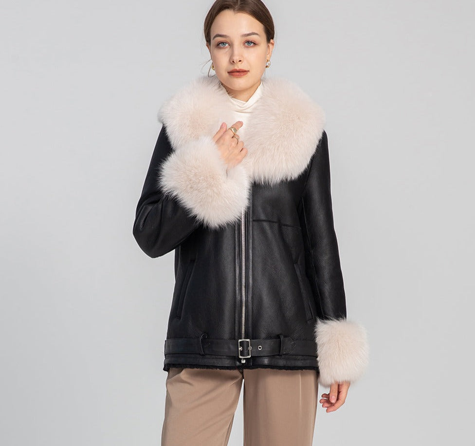 Genuine Leather Coats Real Shearling Fur Collar & Cuffs