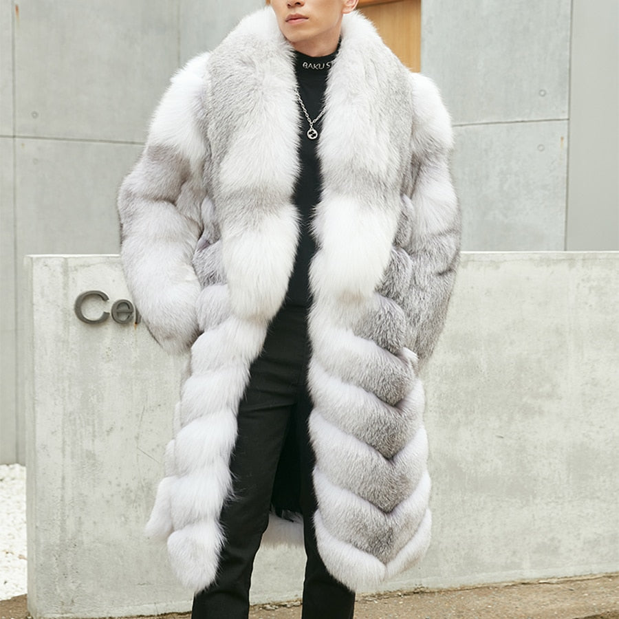 Snowman Big Collar V Pattern Long Fur Coat
